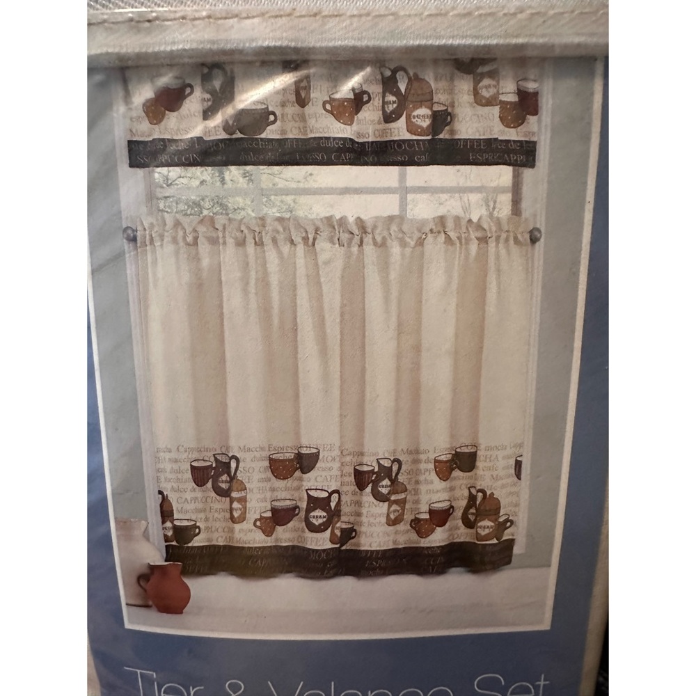 Ellery Tier & Valance Set Coffee Talk One Valance Two Tiers Poly/Cotton NEW 3 Pc